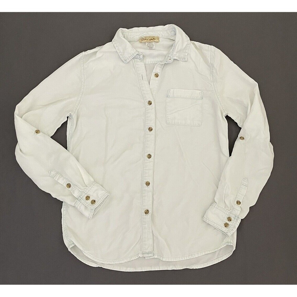 Davina Womens Blue Button Front Long Sleeve‎ Shirt Cotton Front Pocket Size XS